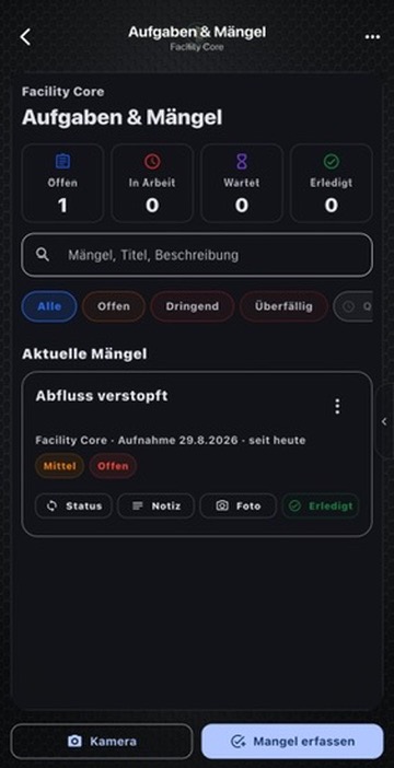 Originalansicht des Moduls Aufgaben und Mängel in Facility Core