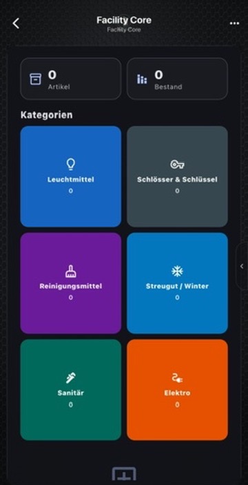 Originalansicht des Moduls Material und Verbrauch in Facility Core